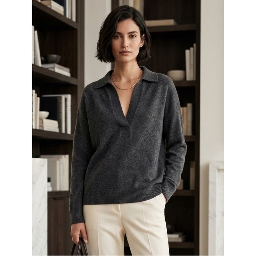 Quince Charcoal Grey 100% Mongolian Cashmere Polo Sweater M Neutral Elevated